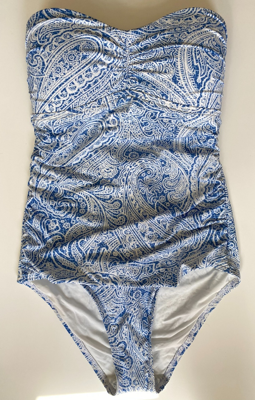 NWT J.McLaughlin Paisley One Piece Swimsuit 8 Blue White Ruched Tummy Control